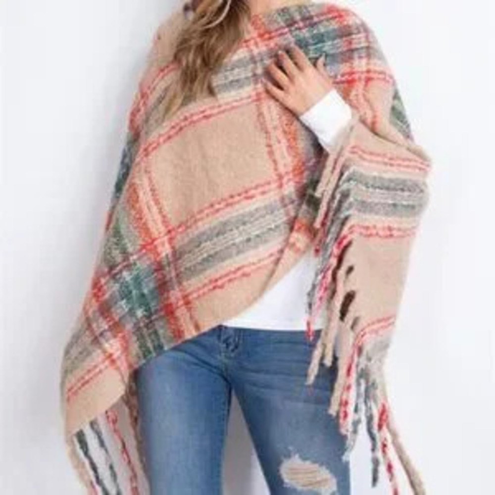 PLAID PRINT FRINGE SWEATER SHAWL PONCHO